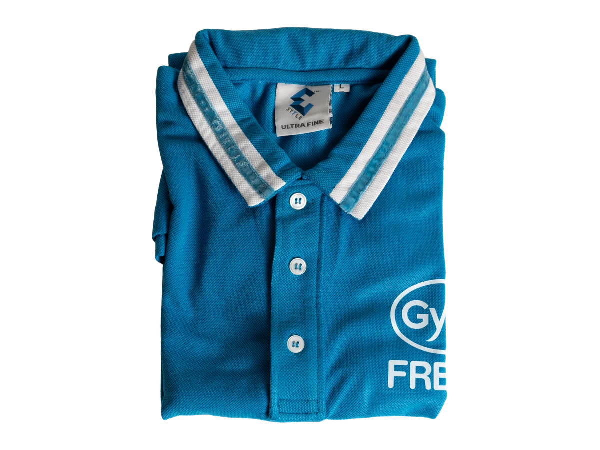 Blue polo shirt with a striped collar and printed chest branding.