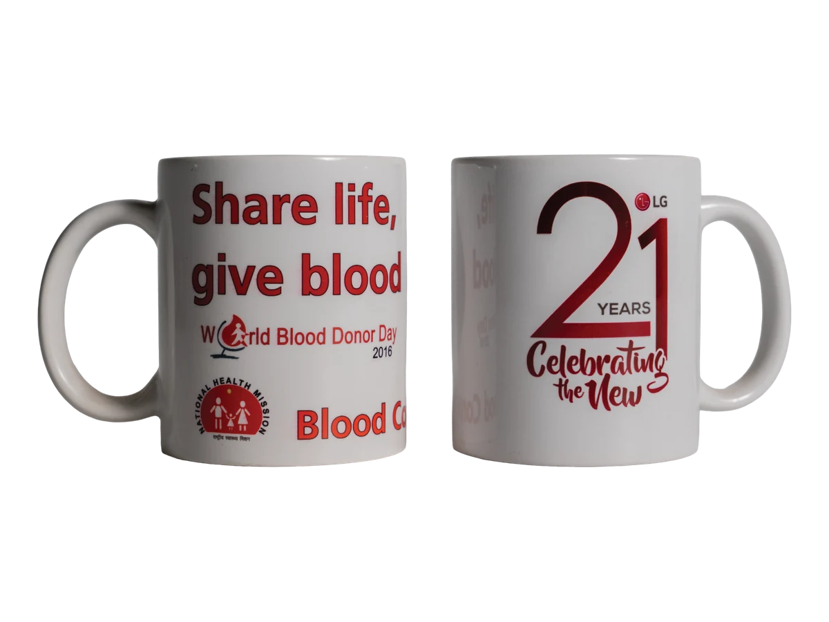 Two white mugs with different printed designs.