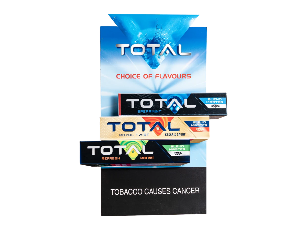 Tiered countertop display with a printed header, three product shelves and a warning panel.