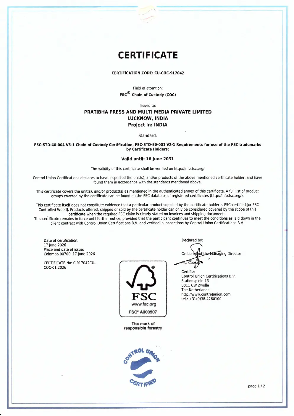 PPML FSC Chain of Custody certificate