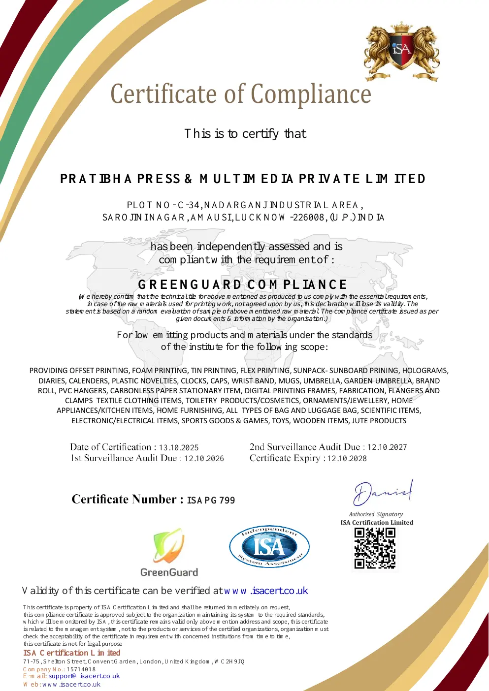 PPML GREENGUARD Compliance certificate