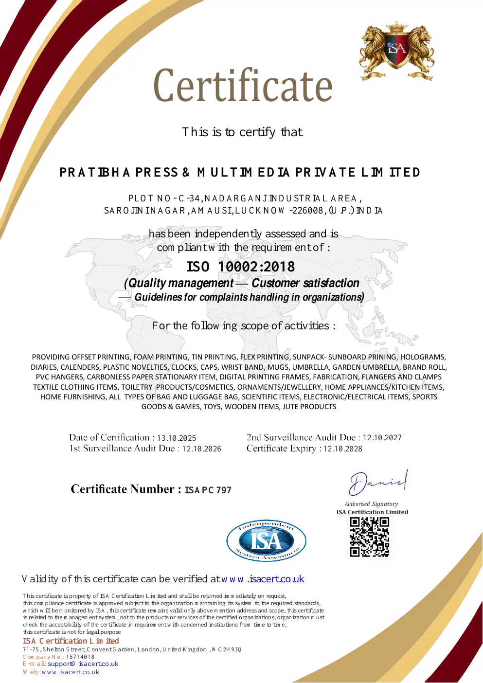 PPML ISO 10002:2018 certificate