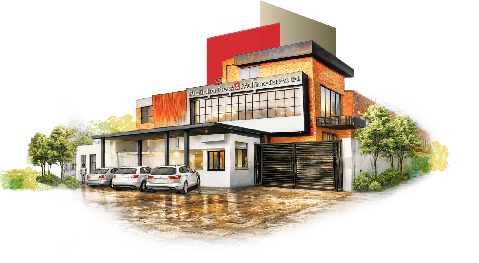 Illustrated exterior view of the Pratibha Press & Multimedia facility.