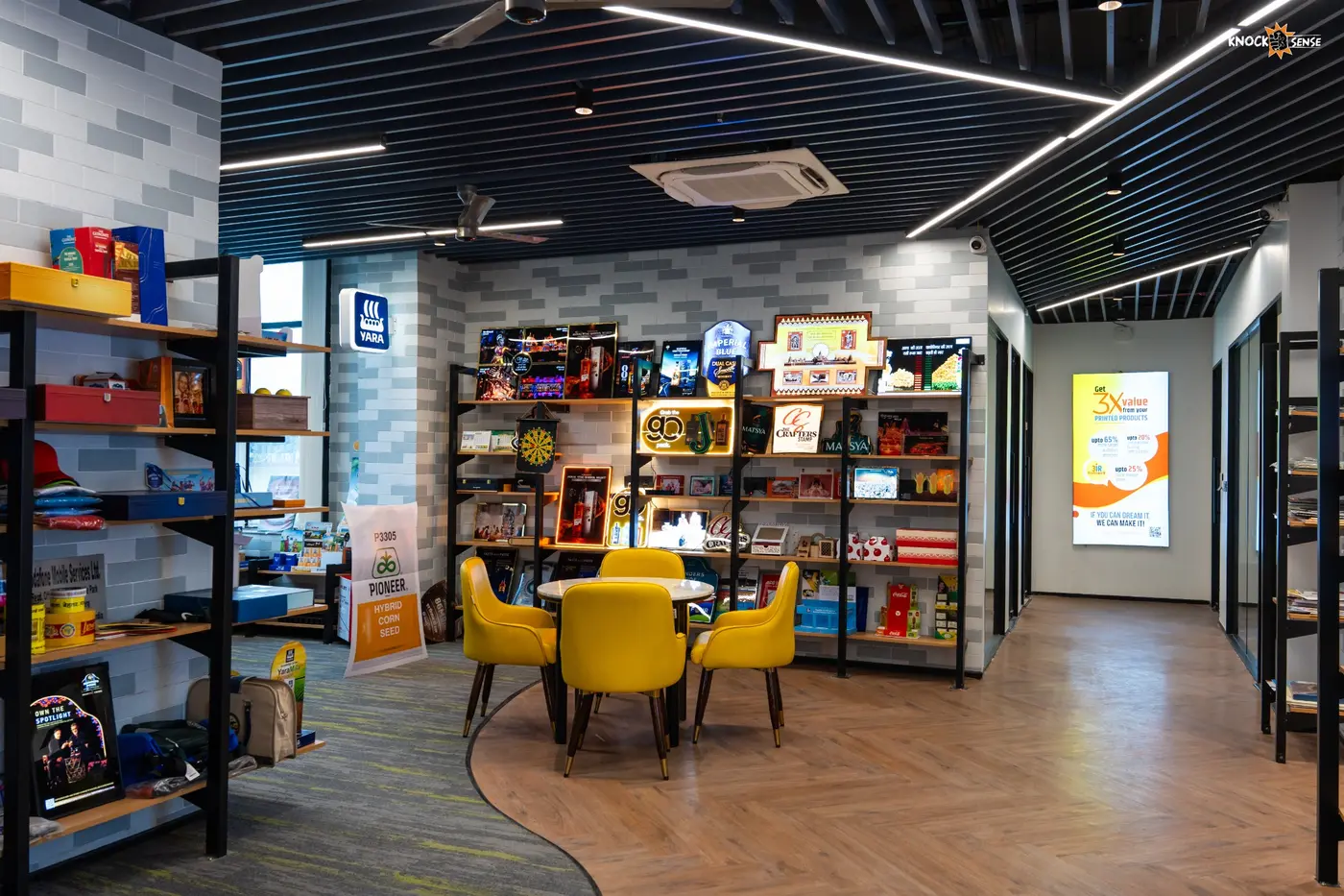 PPML product showroom and meeting corner displaying finished marketing collateral.
