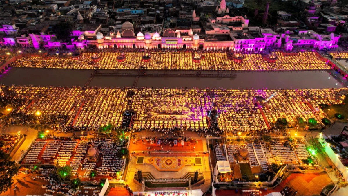 Aerial view of illuminated ghats and temples during Deepotsav in Ayodhya.
